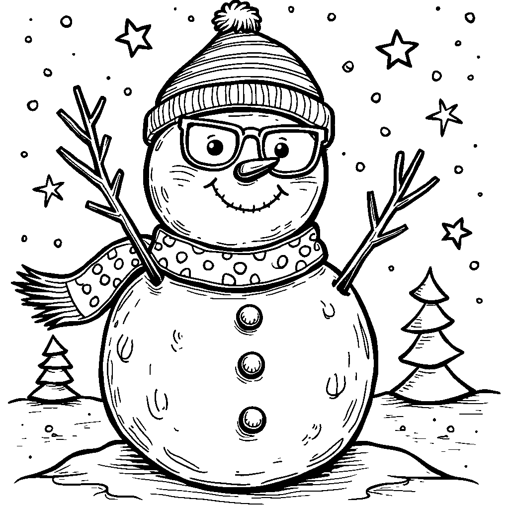 A whimsical snowman adorned with funky accessories and patterns