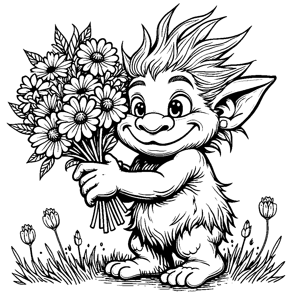 Troll holding a bouquet of flowers