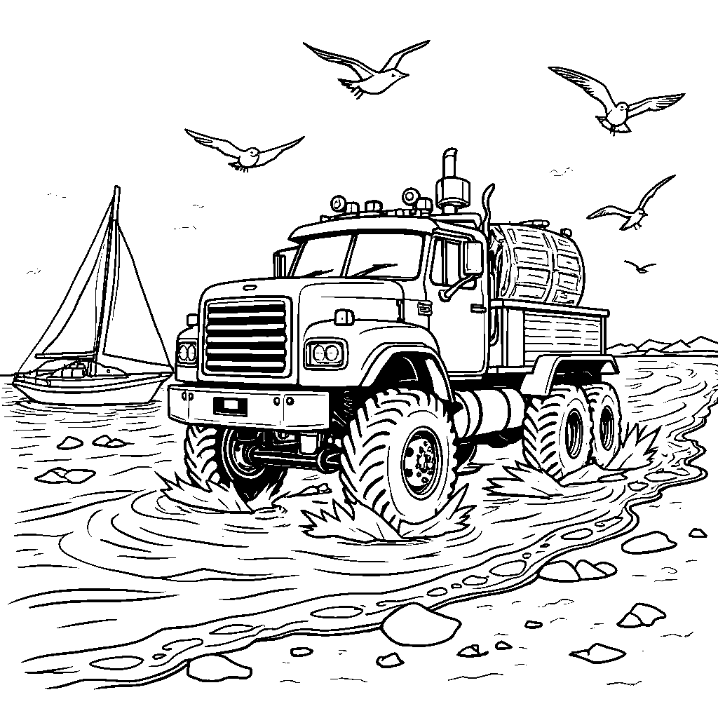 A boat truck launching a sailboat into the sea