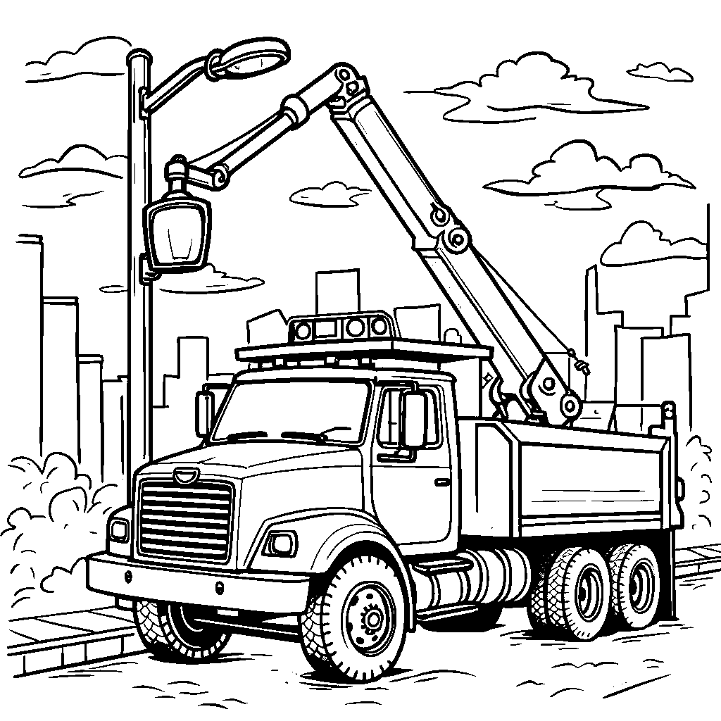 A bucket truck fixing a broken streetlight