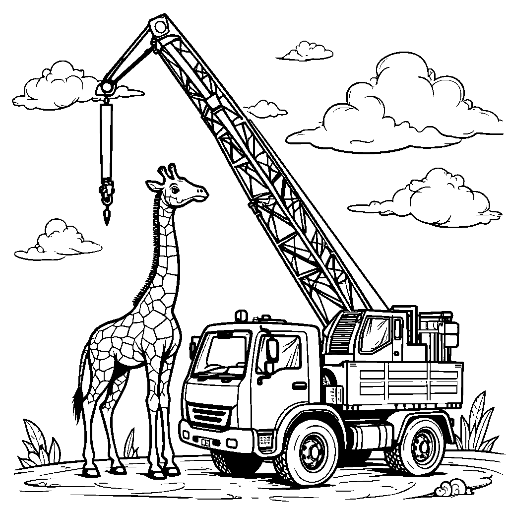 A crane truck lifting a heavy giraffe