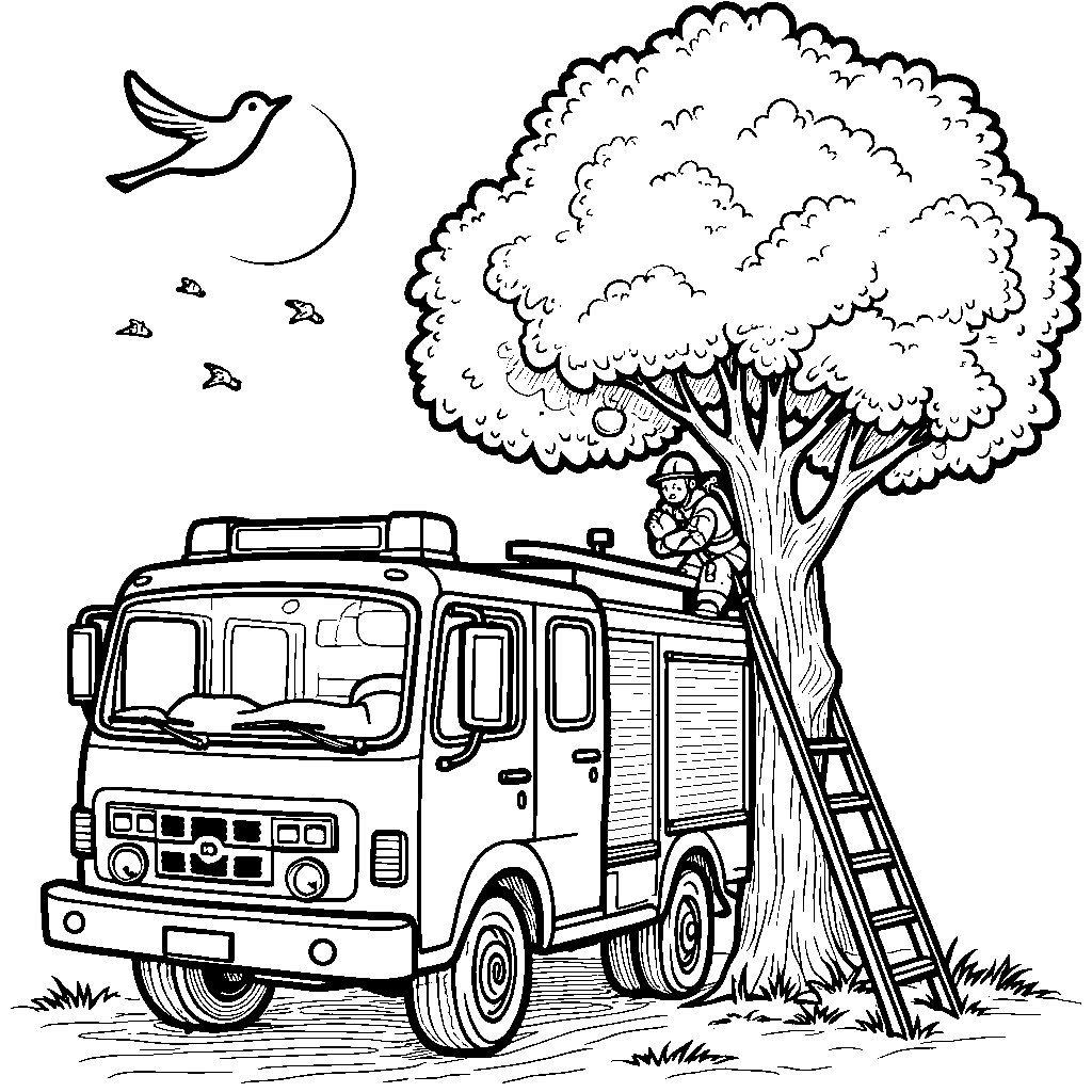 A fire truck saving a cat from a tree