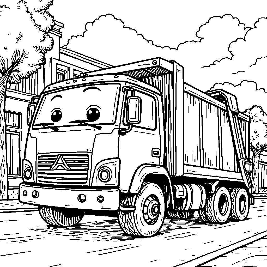 A garbage truck with a smiling face