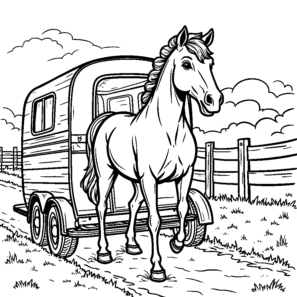 A horse trailer carrying a beautiful horse