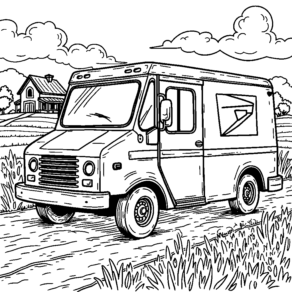 A mail truck delivering letters to a farm