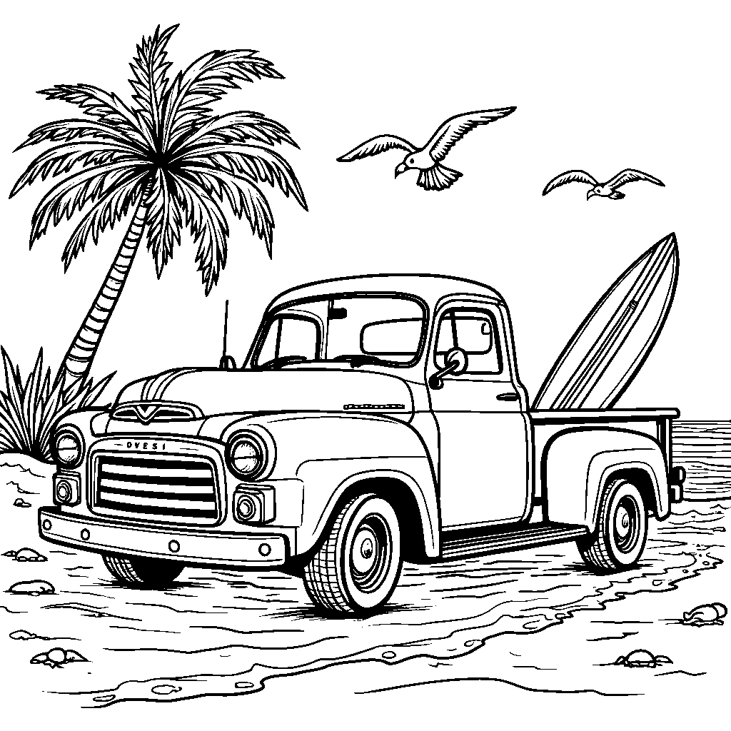 A pickup truck hauling a surfboard to the beach