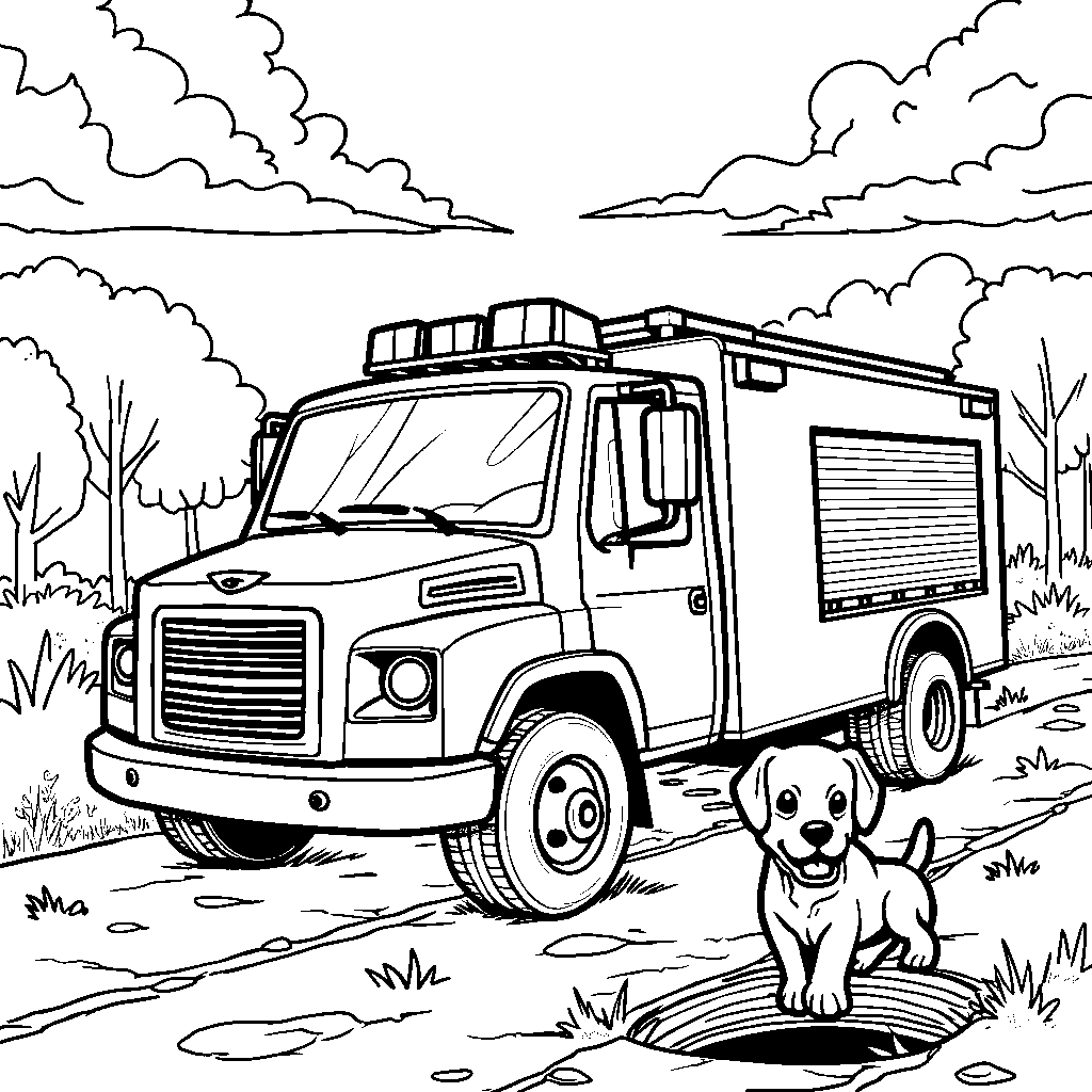 A rescue truck saving a puppy from a storm drain