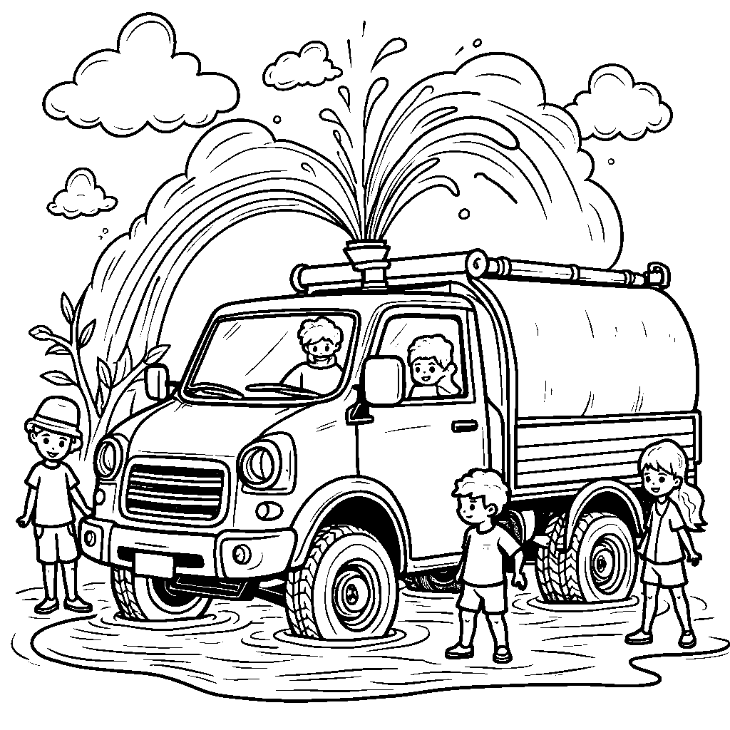 A water truck spraying a rainbow-colored fountain