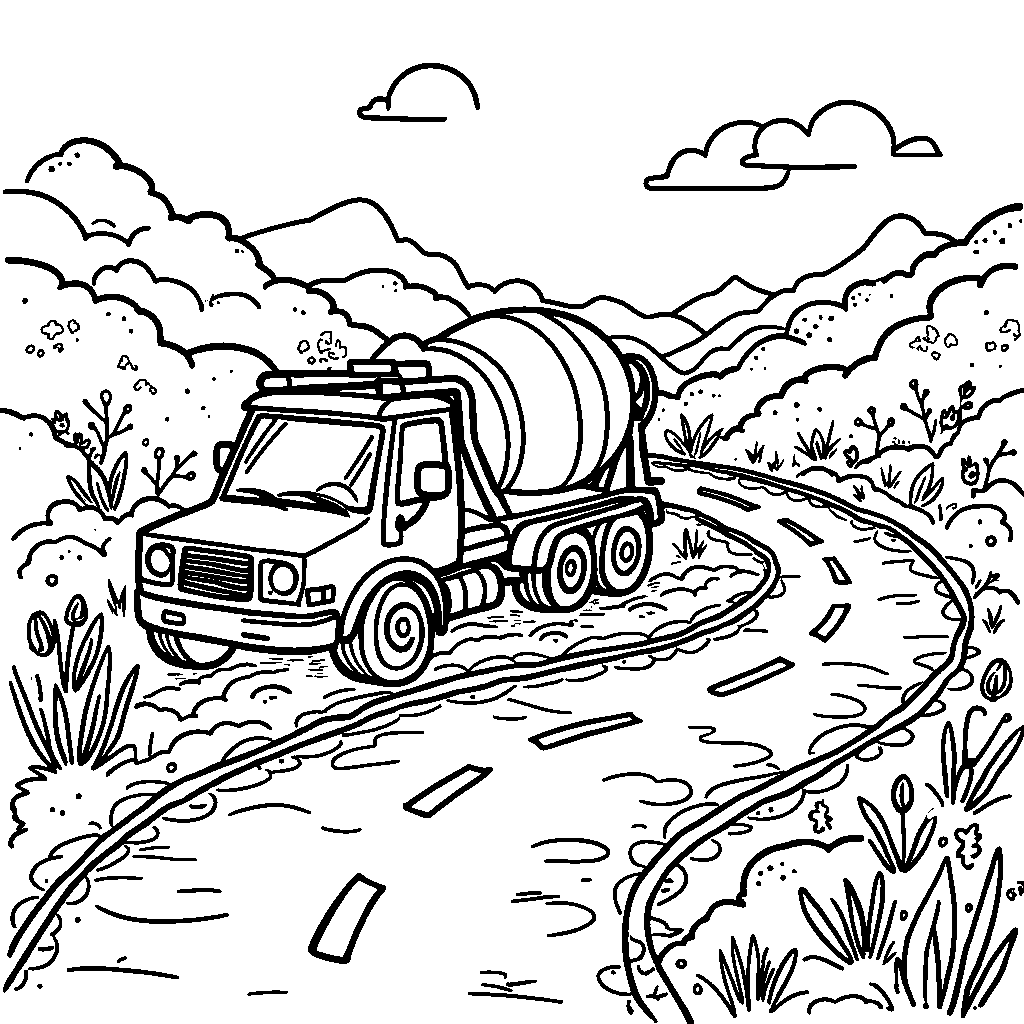 A cement mixer making a swirly road