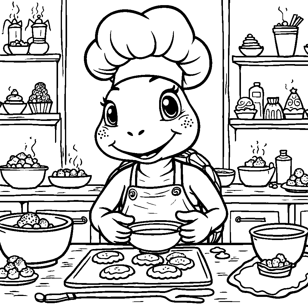 Turtle baking cookies in a sweet bakery