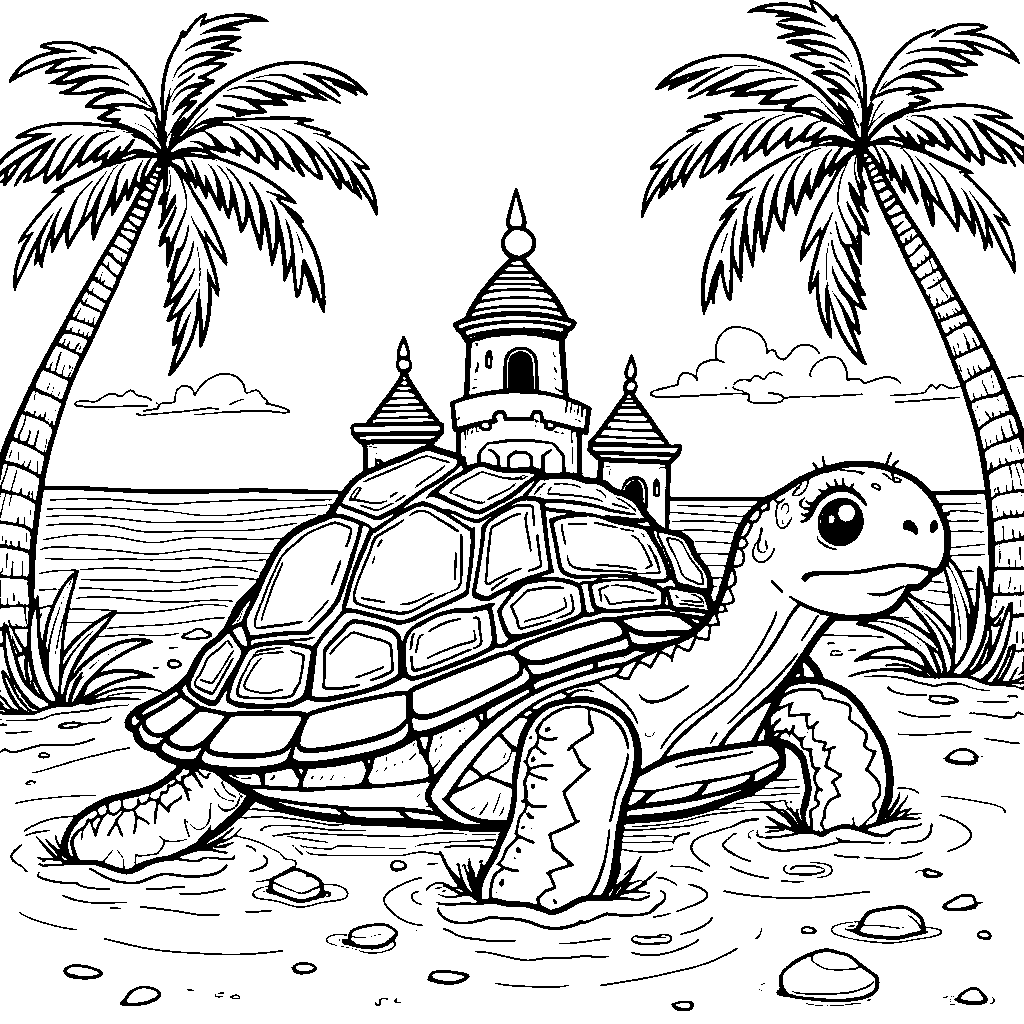 Turtle building a sandcastle on a sunny beach