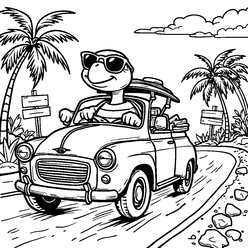 Turtle driving a car on a road trip adventure