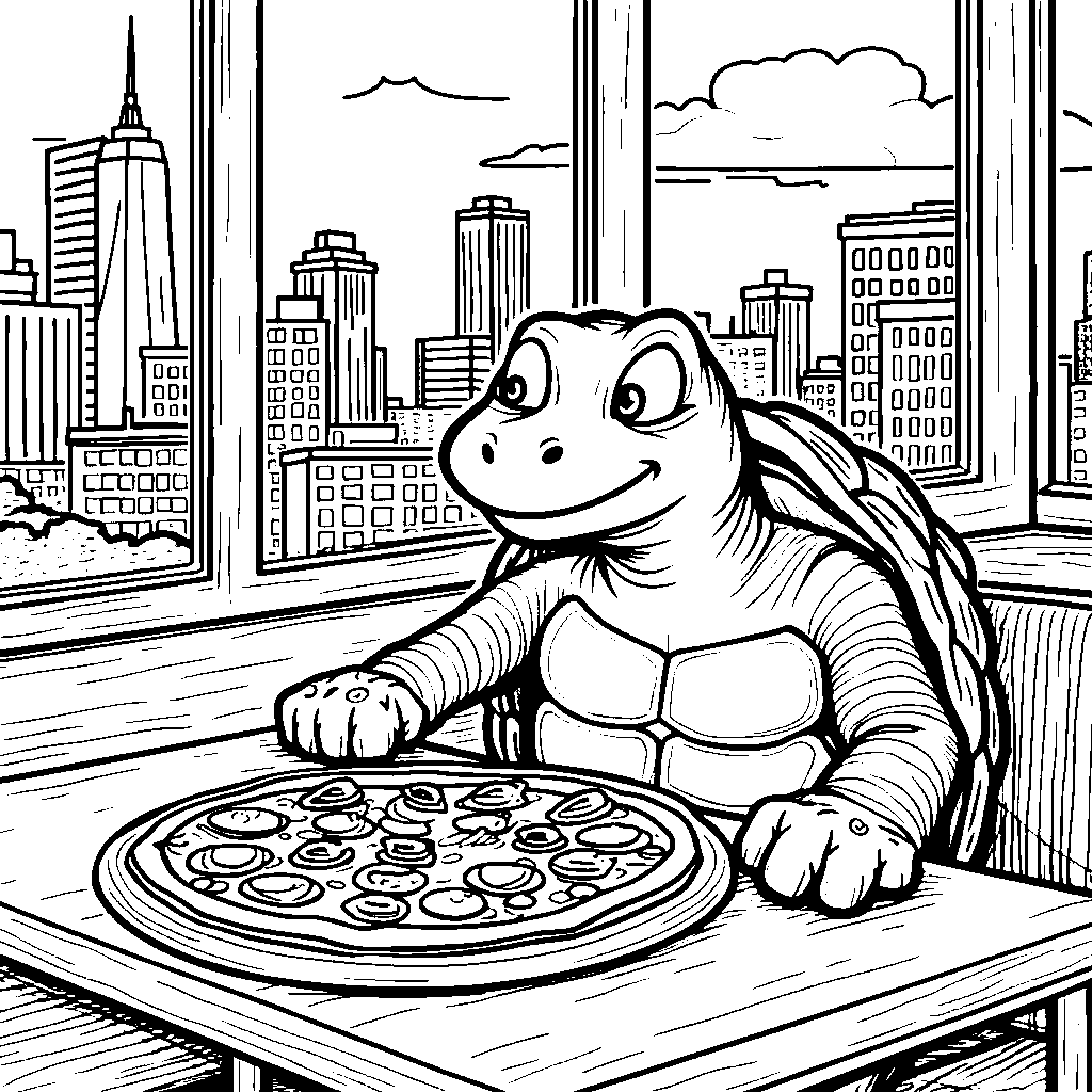 Turtle eating a slice of pizza in a New York City pizzeria