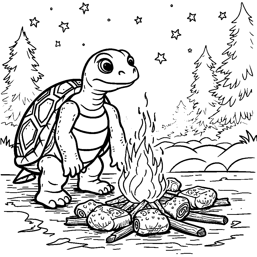 Turtle enjoying a campfire with s'mores and friends