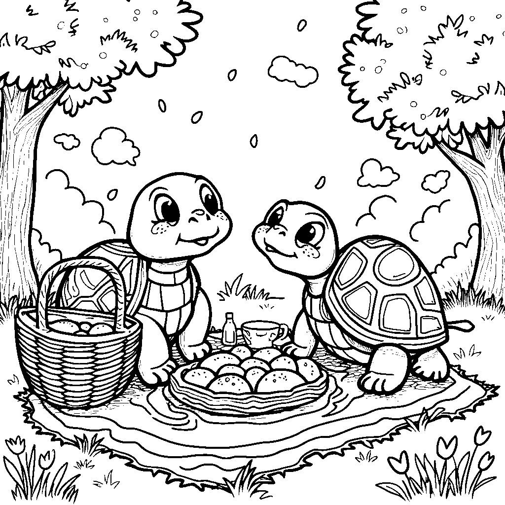 Turtle having a picnic with friends in a park