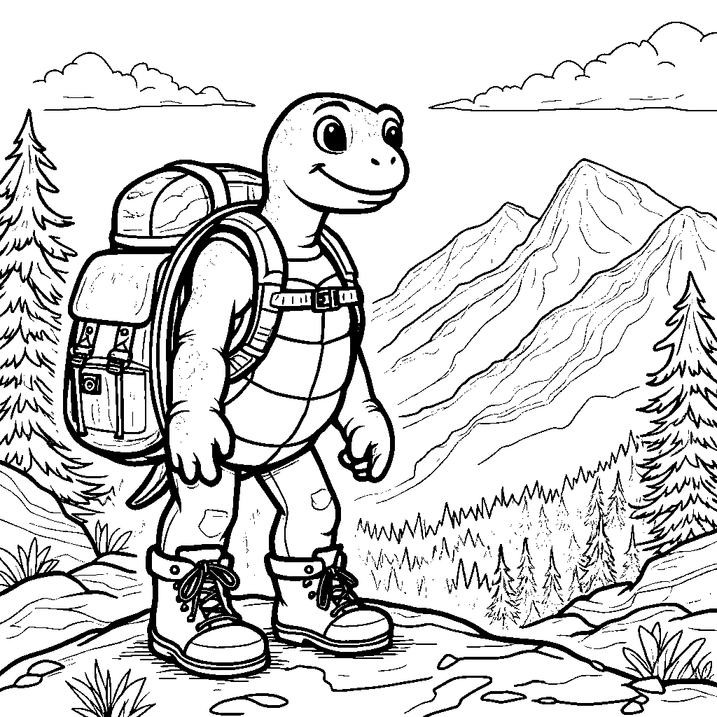 Turtle hiking in the mountains with a backpack