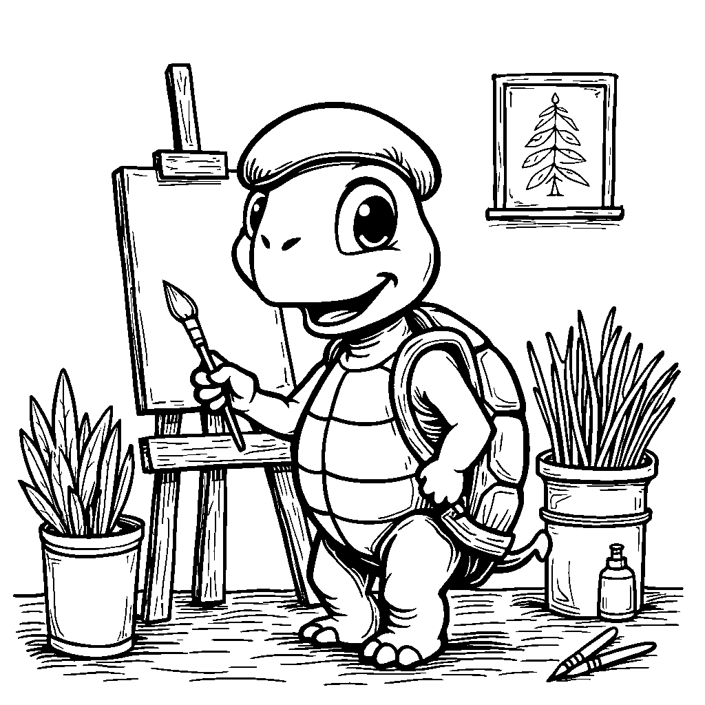 Turtle painting a masterpiece in an art studio