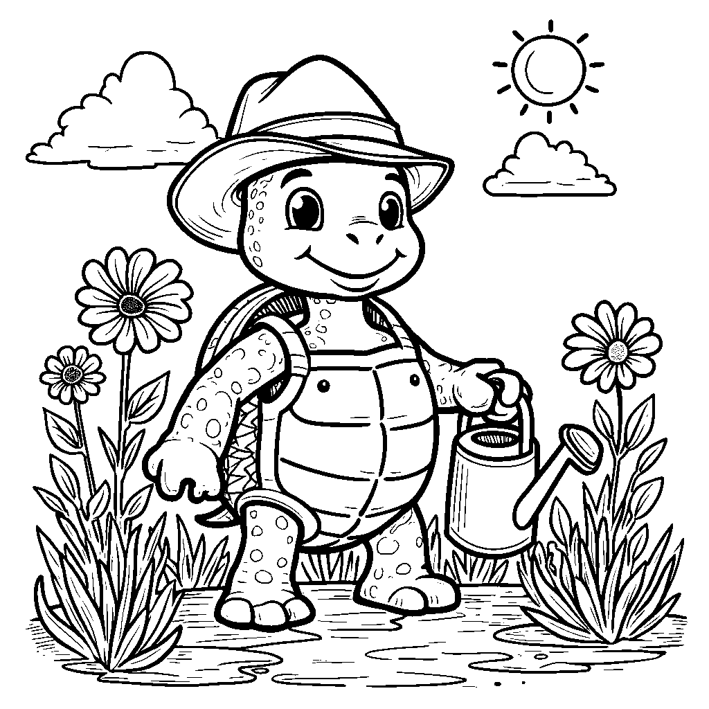 Turtle planting a garden with colorful flowers