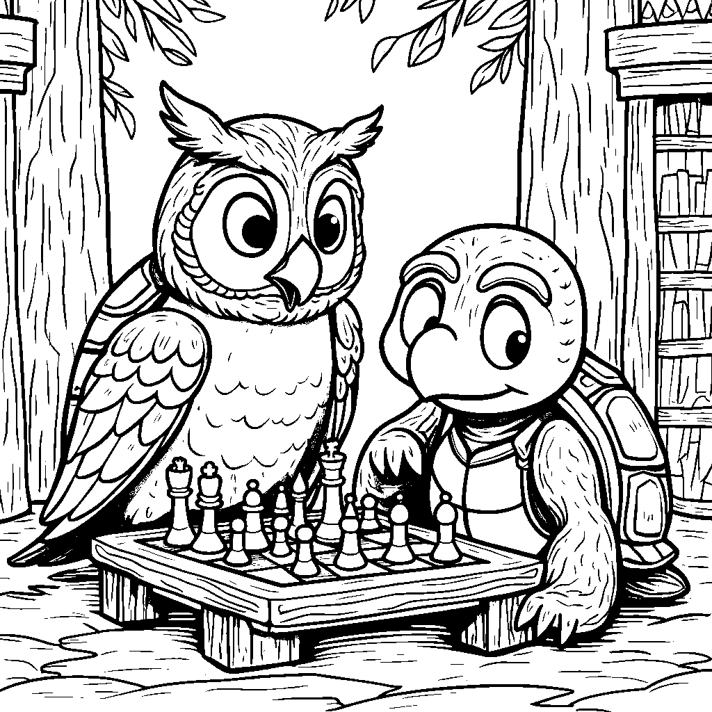 Turtle playing chess with a wise old owl