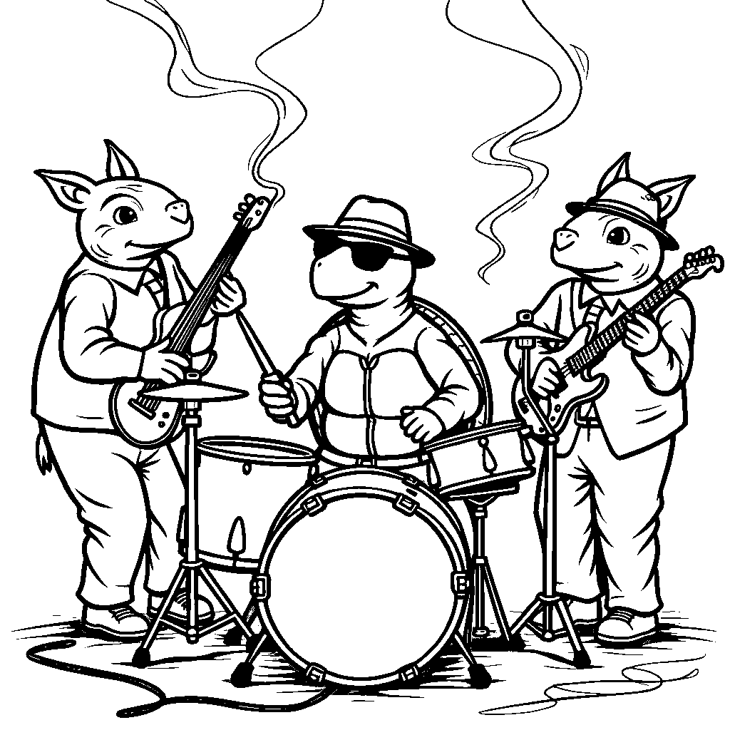 Turtle playing drums in a jazz band