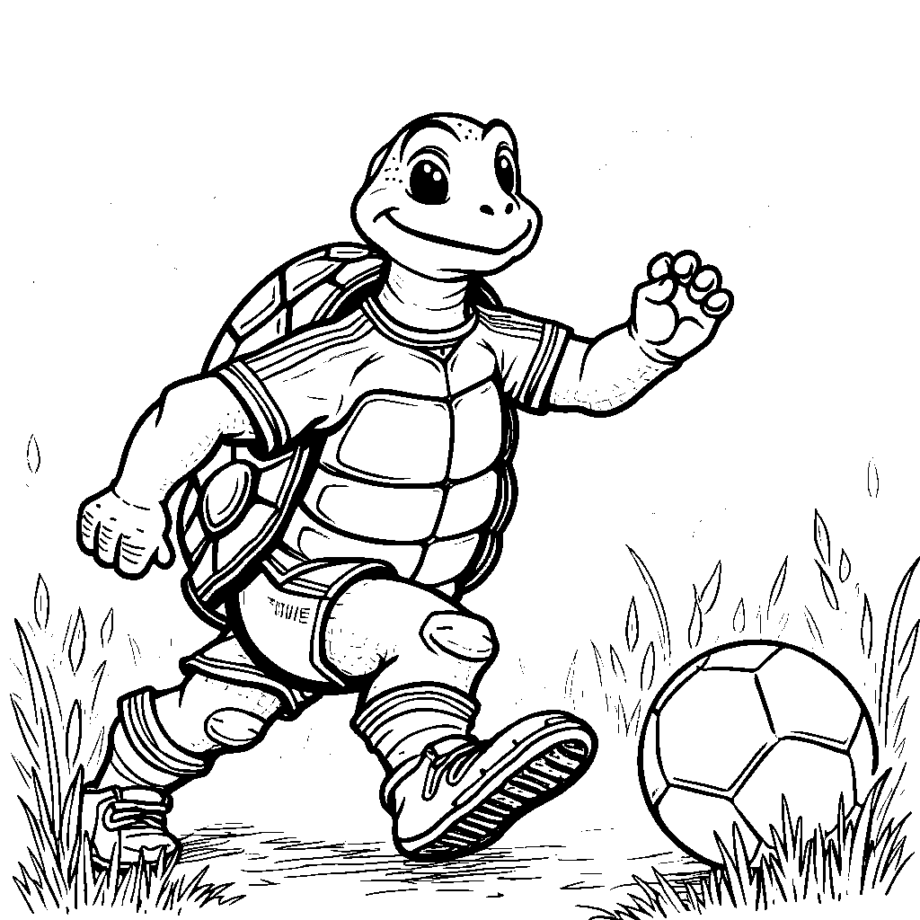 Turtle playing soccer with friends in a green meadow