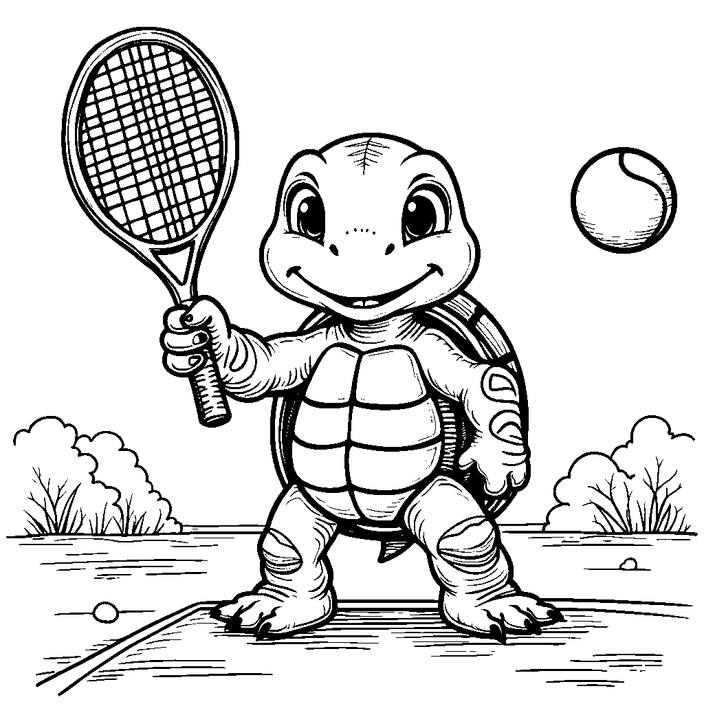 Turtle playing tennis with a racket and ball