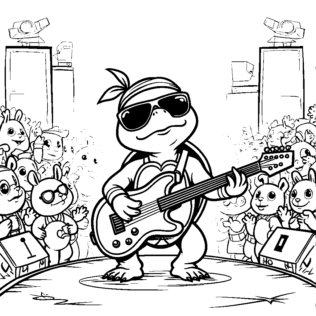 Turtle playing the guitar in a rock band