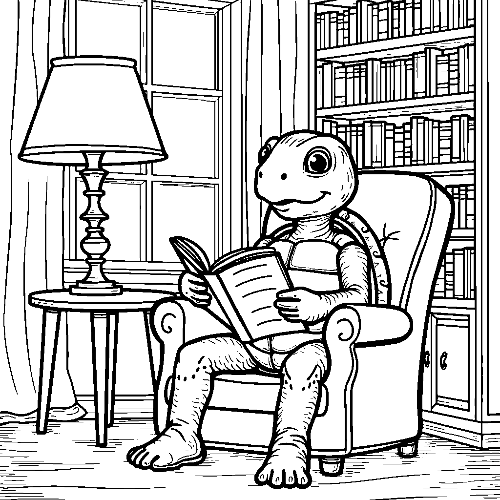 Turtle reading a book in a cozy library