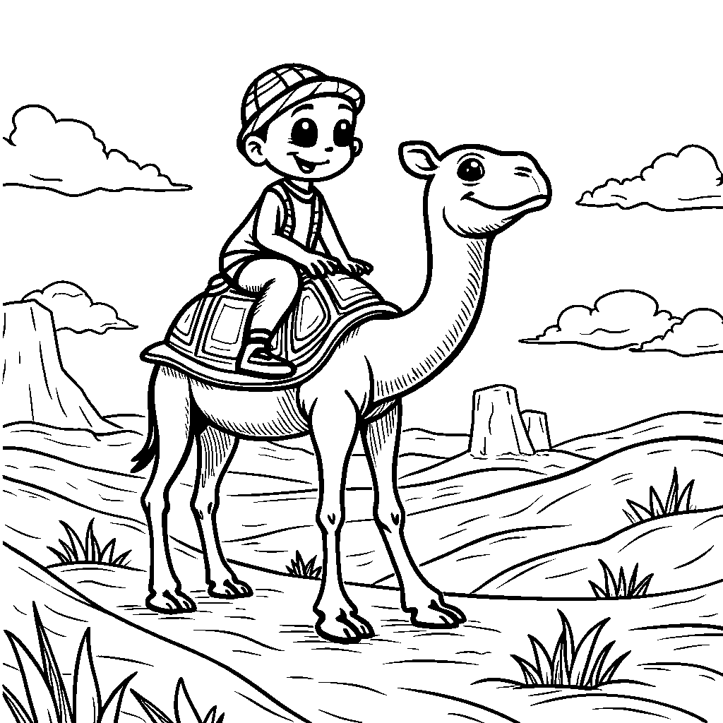 Turtle riding a camel through the desert