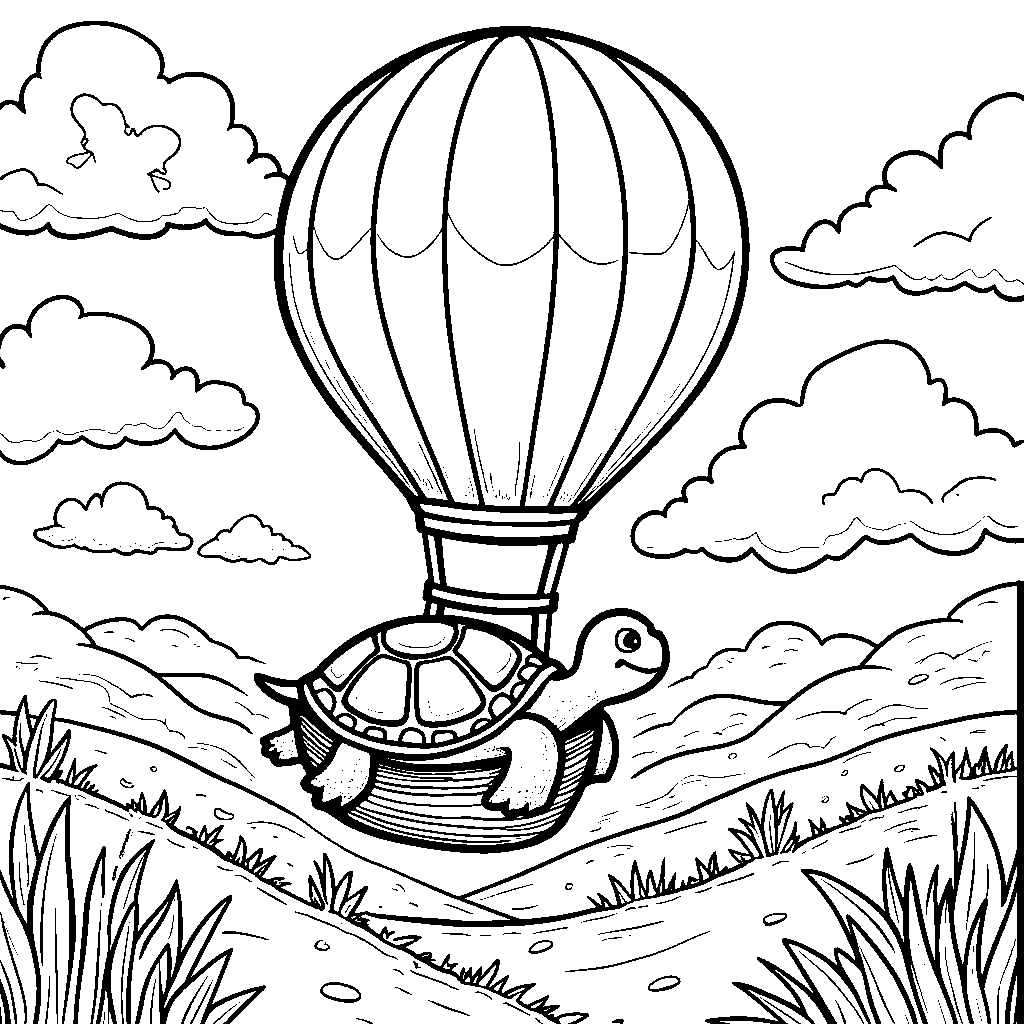 Turtle riding a hot air balloon over a beautiful landscape