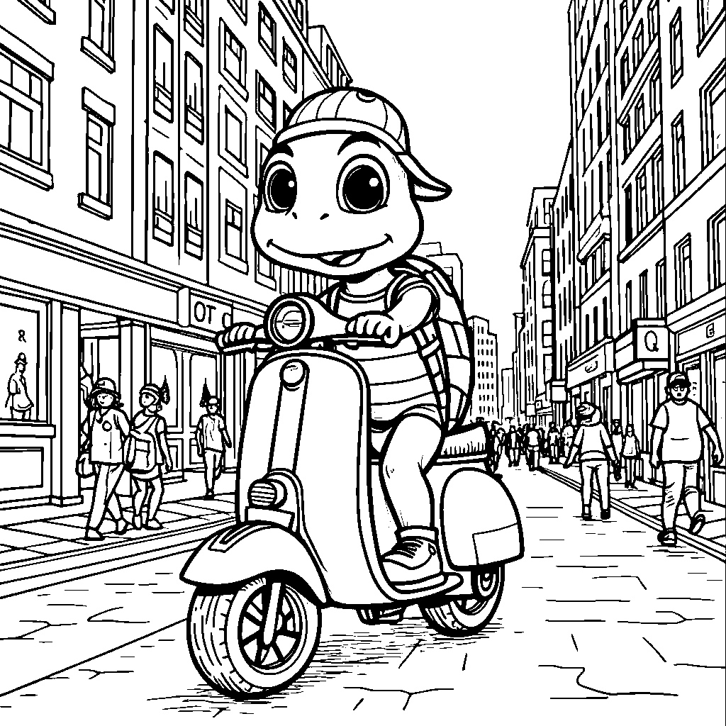 Turtle riding a scooter through a city street