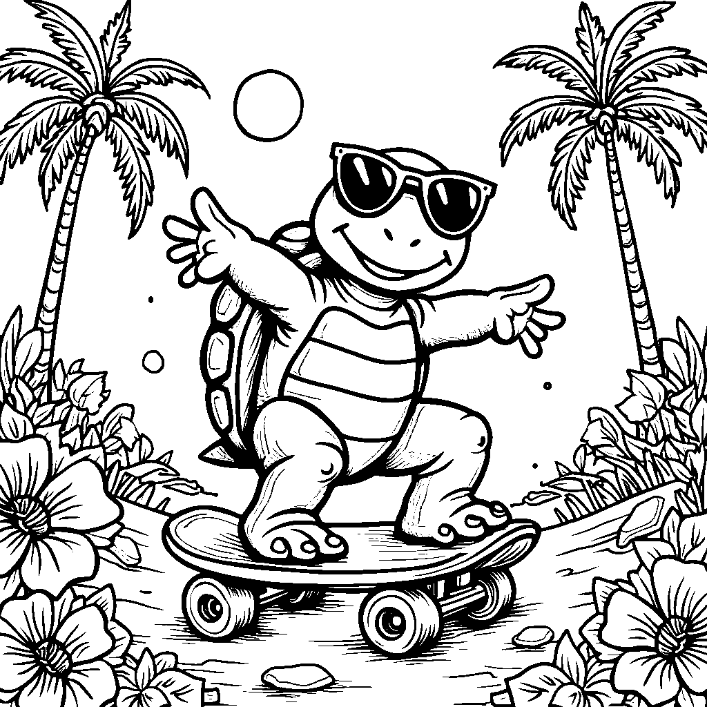 Turtle riding a skateboard on a sunny day