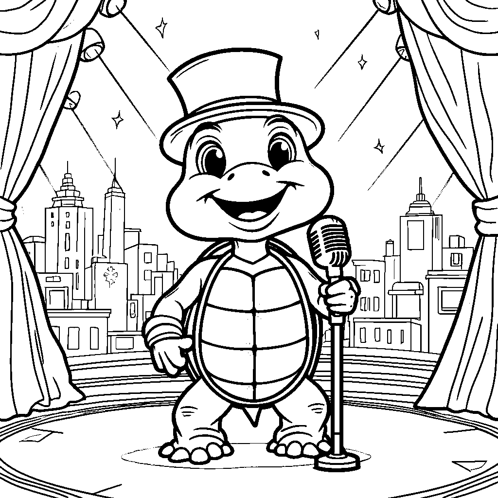 Turtle singing in a musical on a Broadway stage