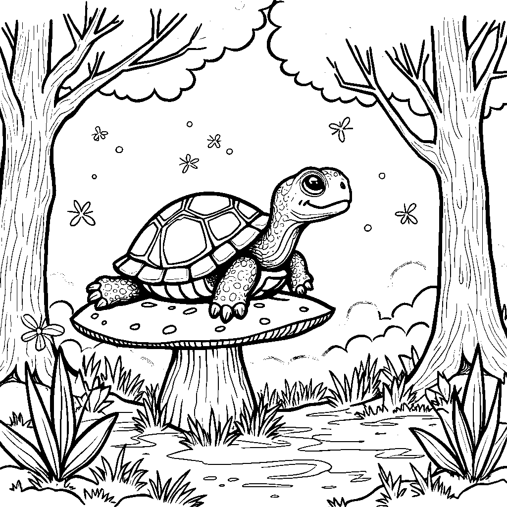 Turtle sitting on a mushroom in a fairy tale forest