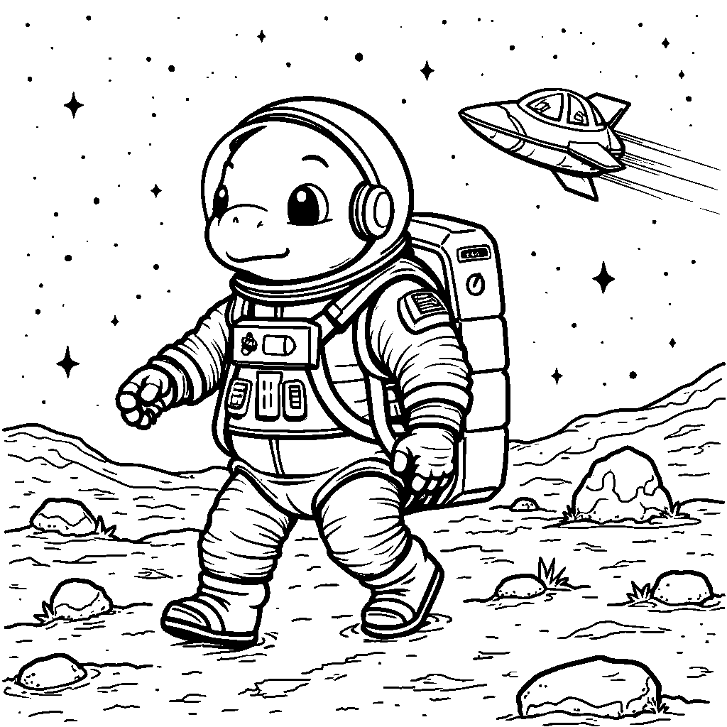 Turtle walking on the moon in a spacesuit