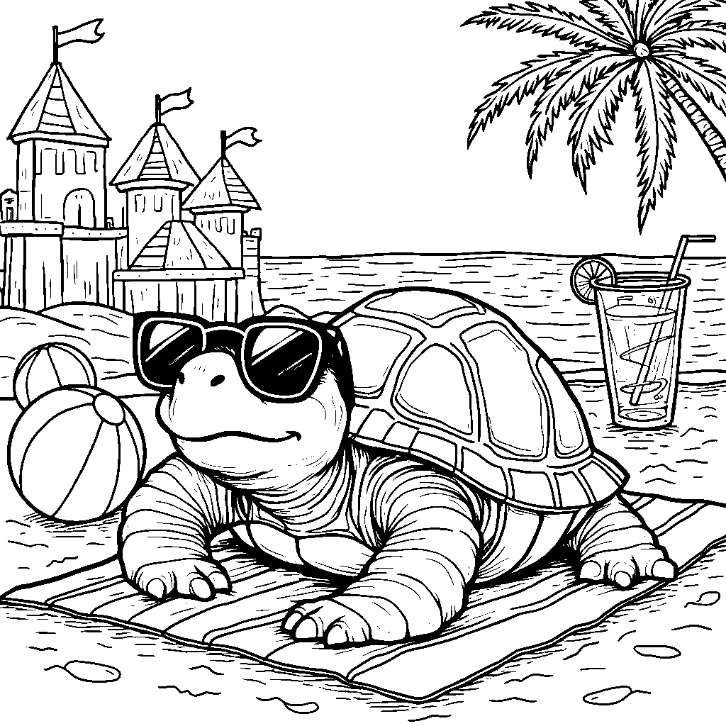 Turtle wearing sunglasses on a beach vacation