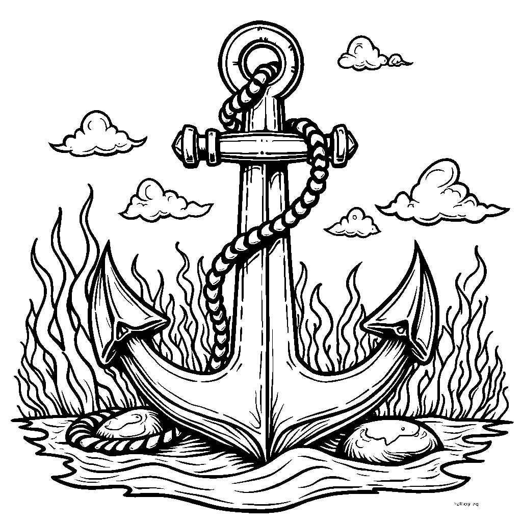 A giant anchor with a rope attached to a treasure chest