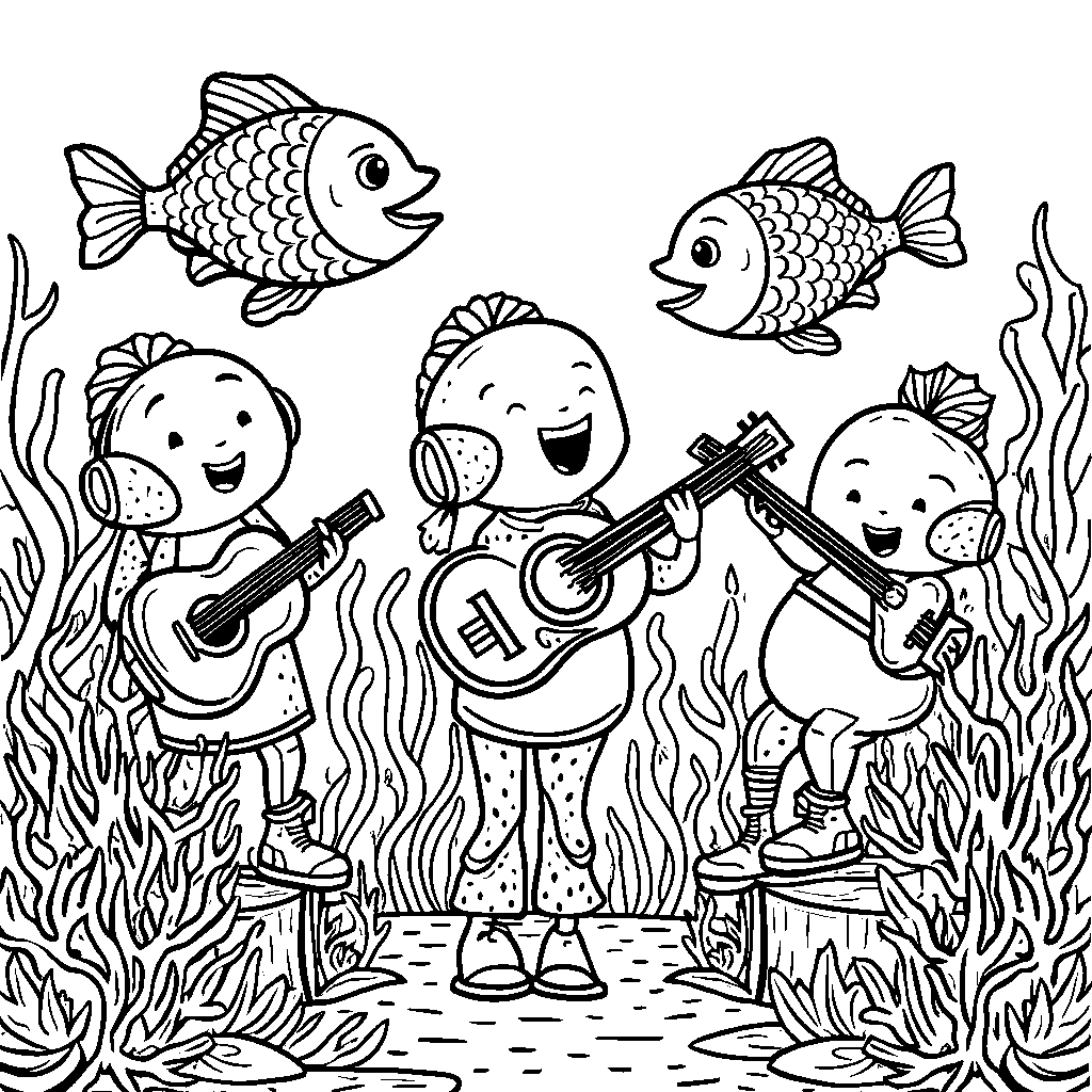 A group of fish playing musical instruments