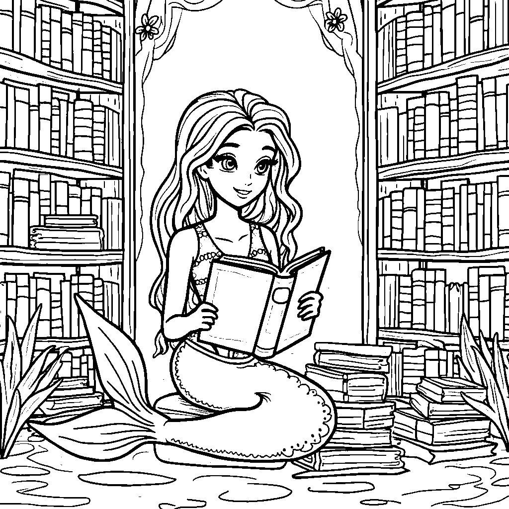 A mermaid reading a book in her underwater library