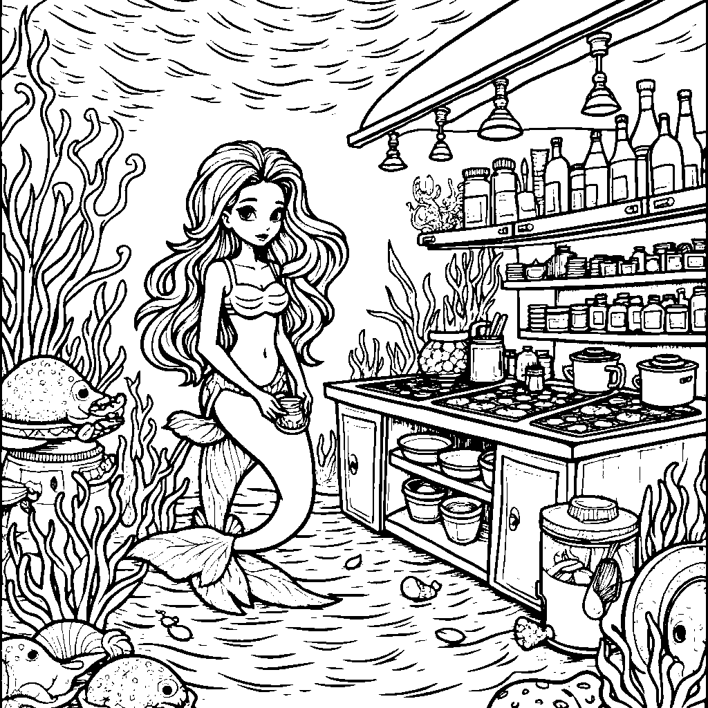 A mermaid's underwater kitchen with seafood