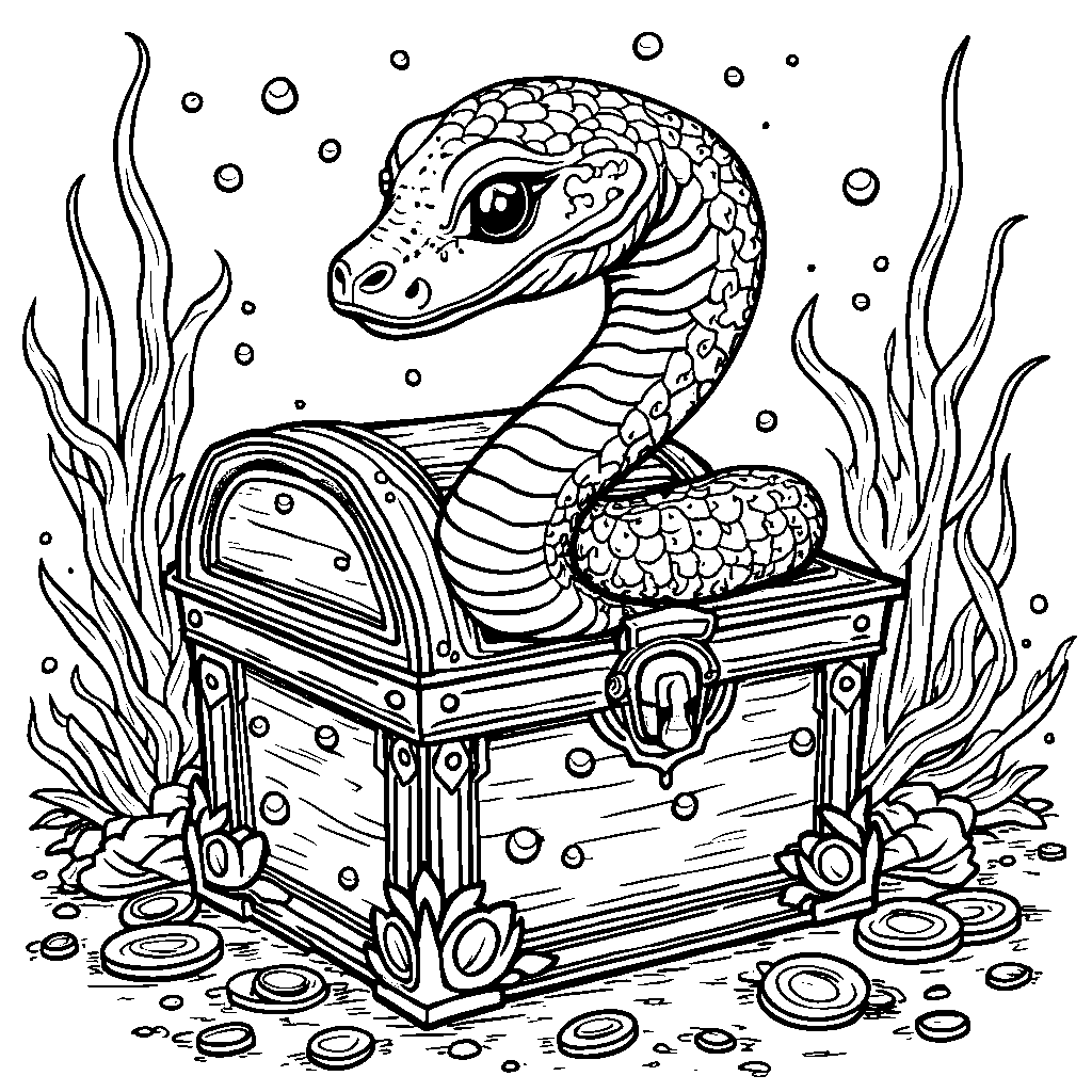 A sea snake curled up in a treasure chest