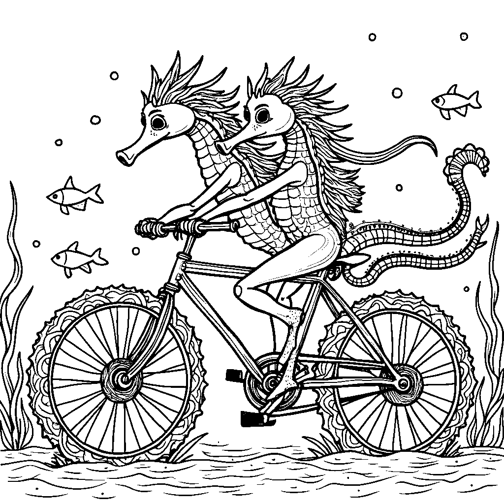 A seahorse couple riding a seaweed bike