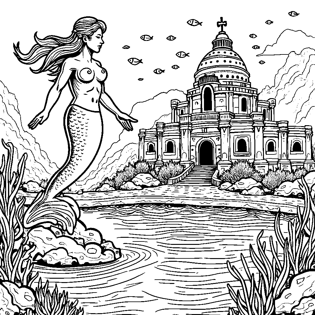 A sunken city with a giant statue of a mermaid