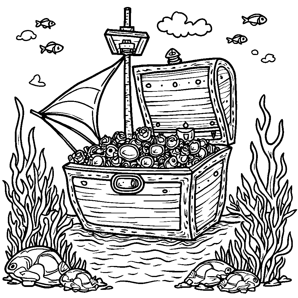 A sunken ship with a treasure chest overflowing with jewels