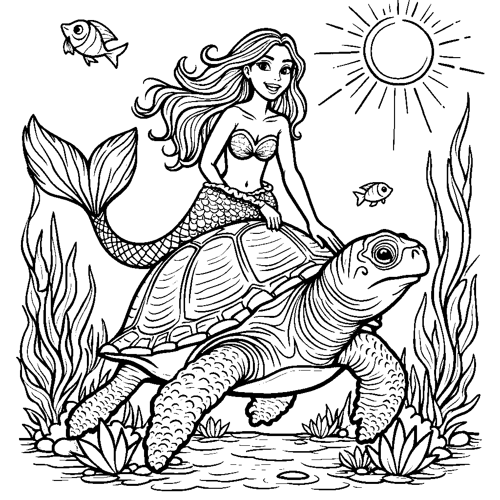 A mermaid riding a sea turtle