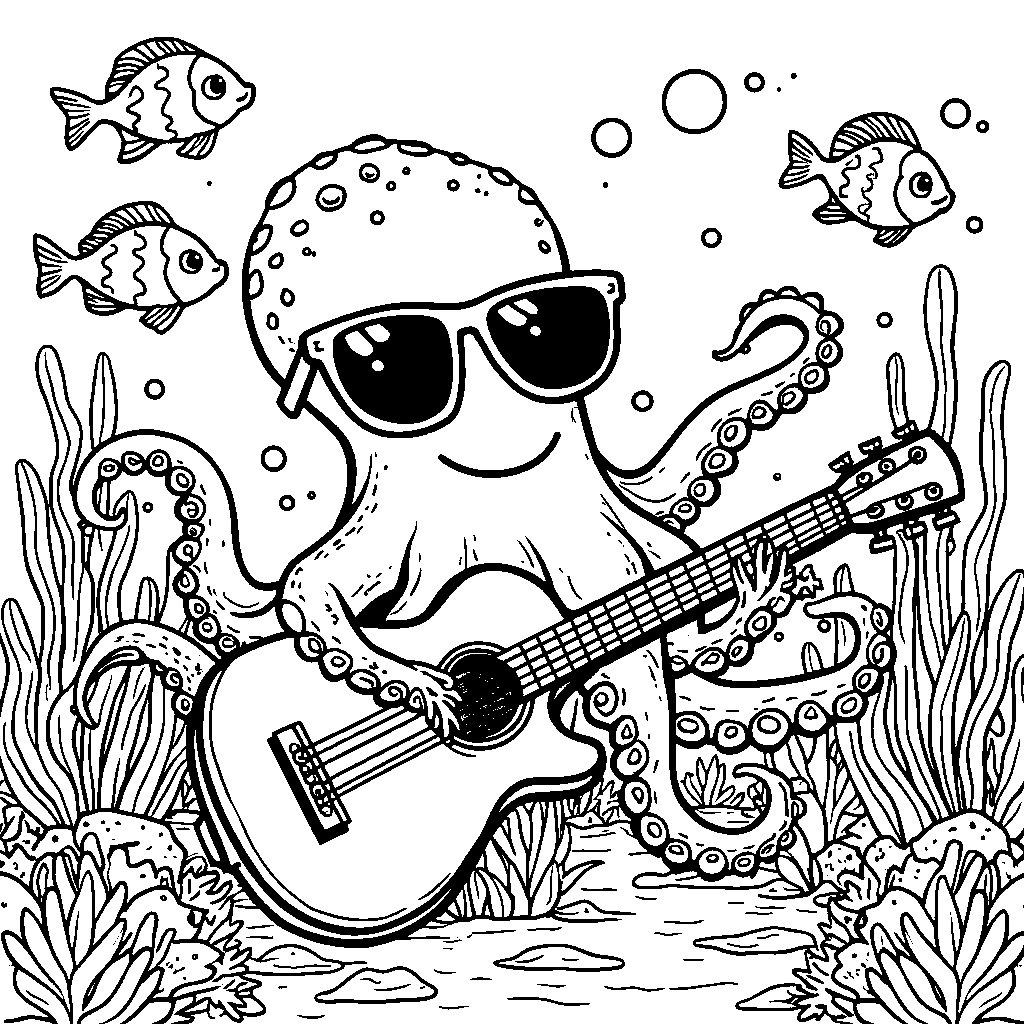 Octopus playing a guitar under the sea