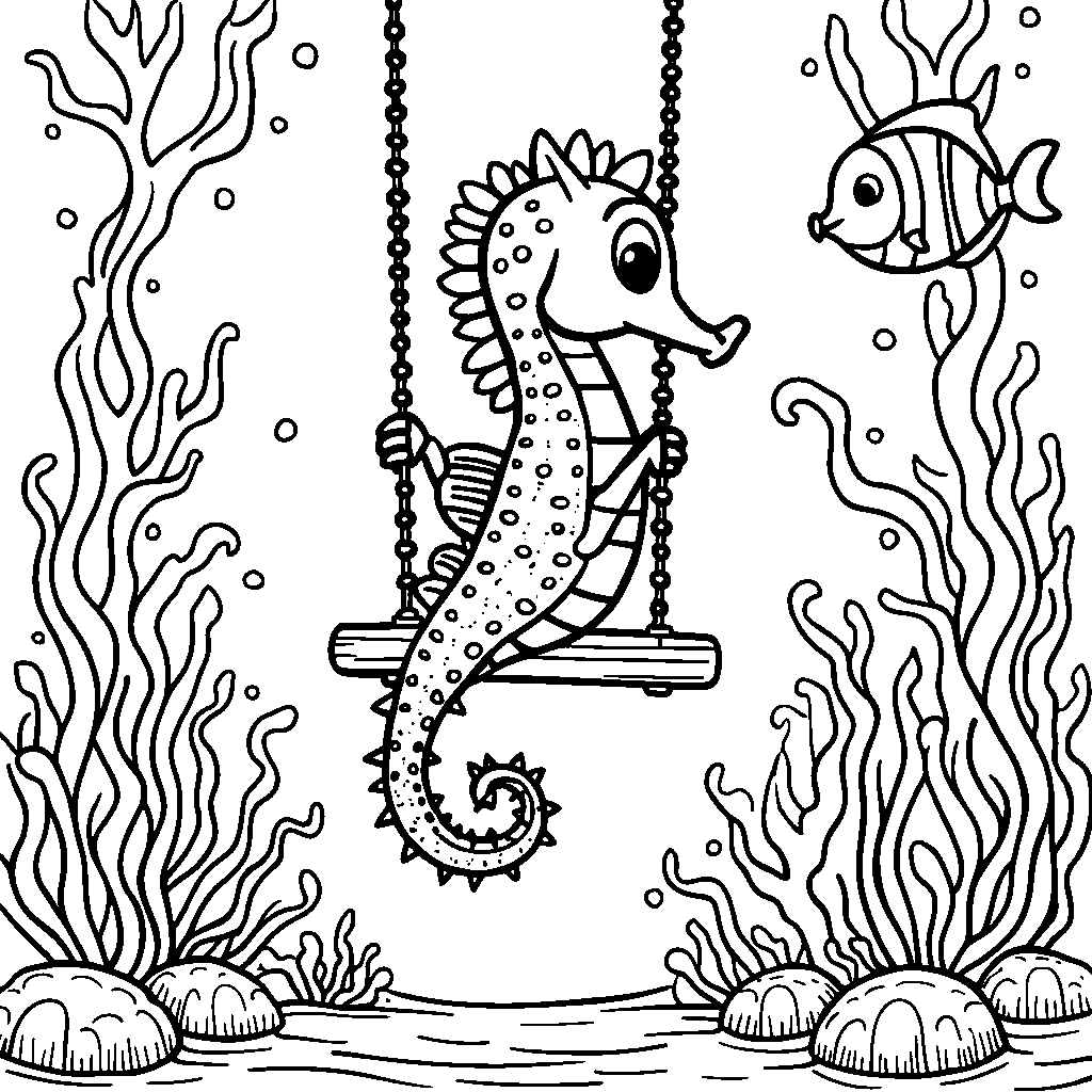 A seahorse riding a seaweed swing