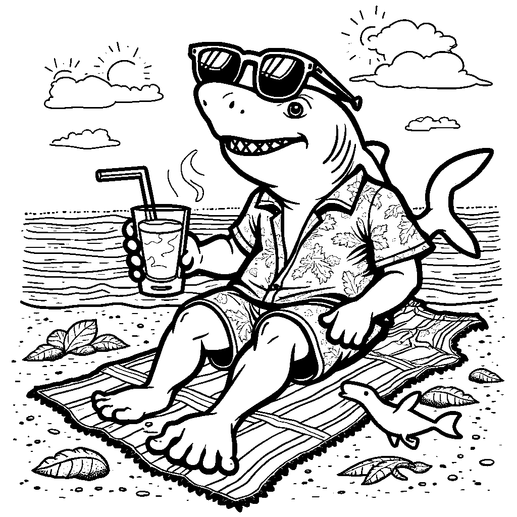 A shark wearing sunglasses and a Hawaiian shirt