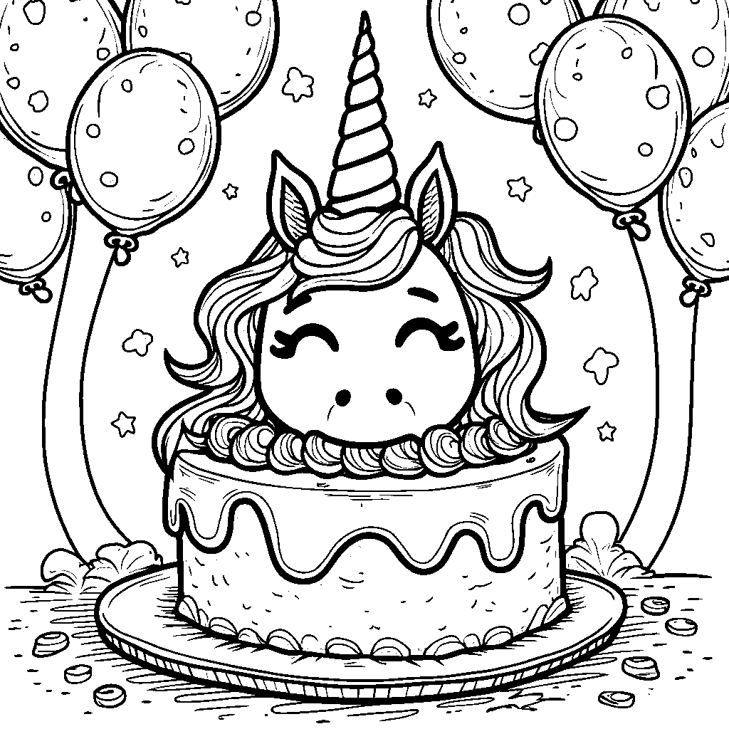 Cake with a unicorn's face and a party hat on top