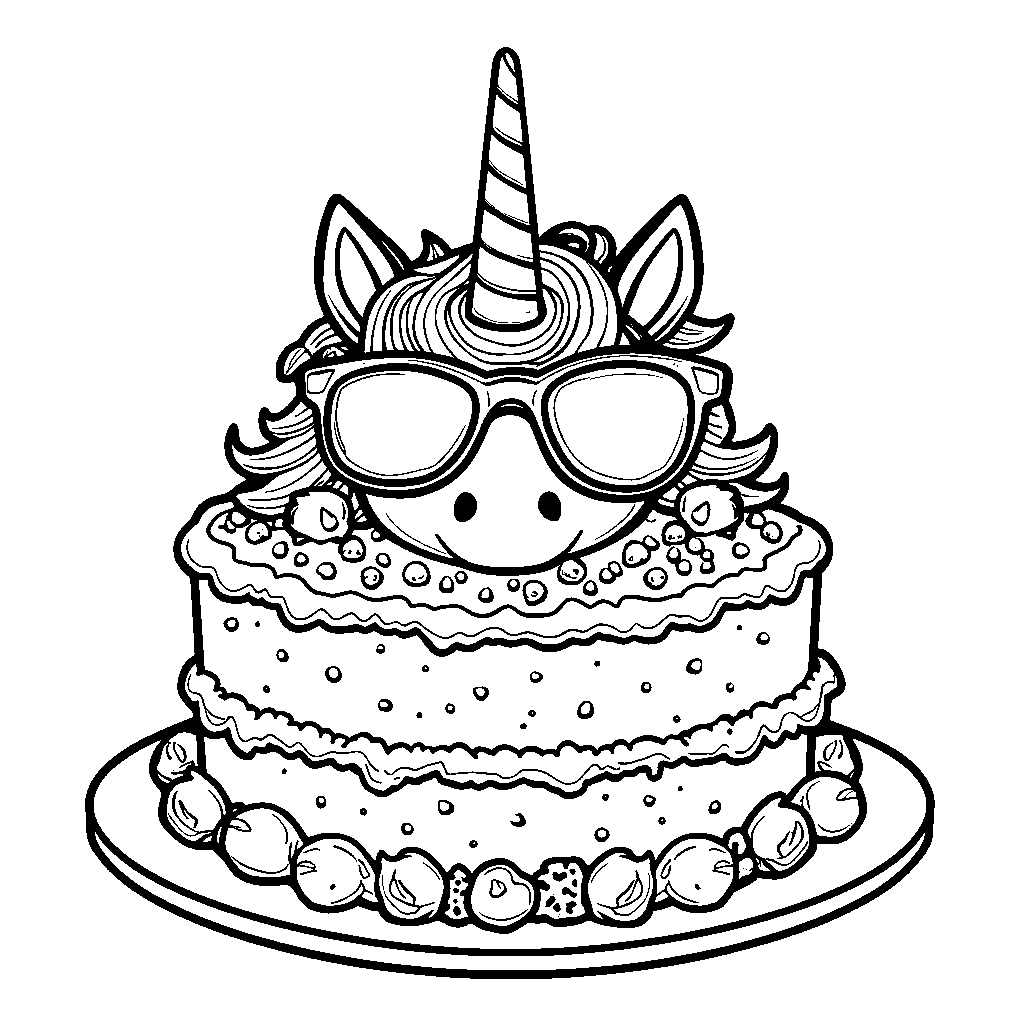 Cake with a unicorn's face and a pair of sunglasses